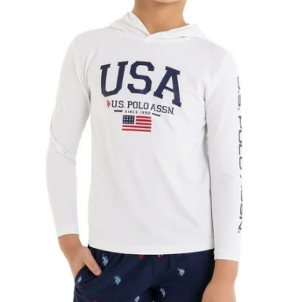 Boys' U.S. Polo Assn. White Rashguard USA Hoodie. Boys 10/12 (L). NWT. - Picture 2 of 6